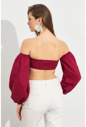 Kadın Bordo Balon Kol Crop Bluz ROP111