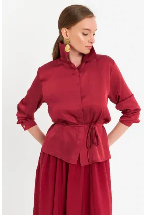 Kadın Bordo Beli Bağlamalı Saten Gömlek MMRS4212