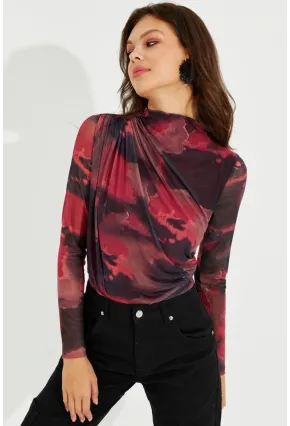 Kadın Bordo Büzgülü Astarlı Tül Bluz LPP1231