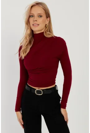Kadın Bordo Büzgülü Kısa Bluz MEN2023-90