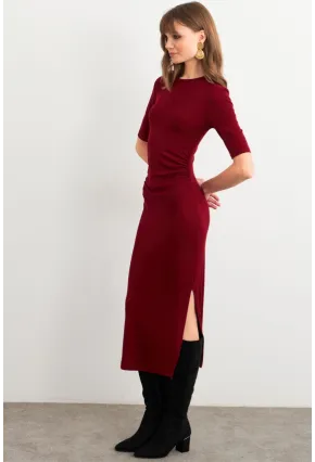 Kadın Bordo Büzgülü Yırtmaçlı Tshırt Elbise FS9594