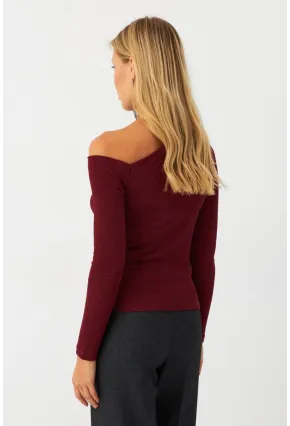 Kadın Bordo Çapraz Yaka Simli Bluz ERL10060