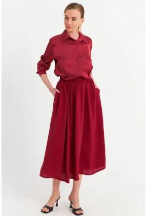 Kadın Bordo Cepli Midi Etek MSH20194