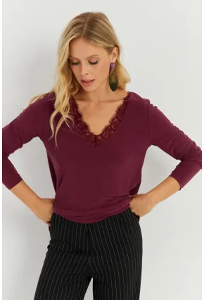 Kadın Bordo Dantel Detaylı Bluz AYD264