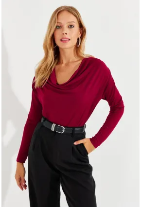 Kadın Bordo Degaje Yaka Bluz LPP1234