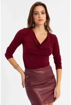 Kadın Bordo Degaje Yaka Büzgülü Bluz FRY2248