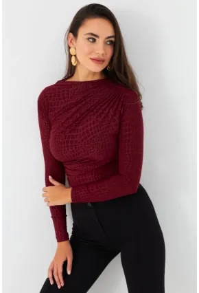 Kadın Bordo Desenli Büzgülü Bluz LPP1279
