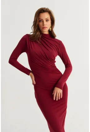 Kadın Bordo Drape Maxi Elbise DMR377