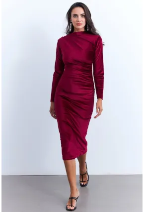 Kadın Bordo Drapeli Midi Elbise MON1113