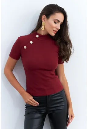 Kadın Bordo Düğme Aksesuarlı Kaşkorse Bluz EY2560