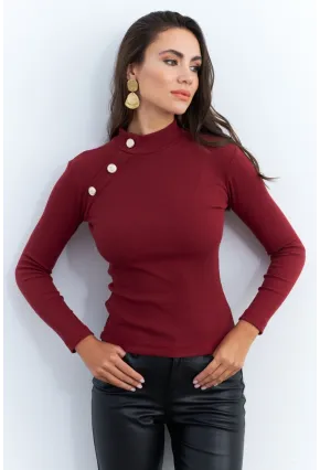Kadın Bordo Düğme Aksesuarlı Kaşkorse Bluz EY2579