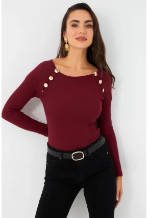 Kadın Bordo Düğme Aksesuarlı Kaşkorse Bluz EY2945