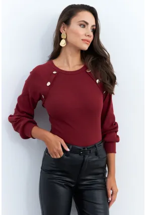 Kadın Bordo Düğme Aksesuarlı Kaşkorse Bluz EY2946