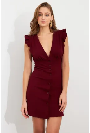 Kadın Bordo Düğme Detaylı Mini Elbise DAF5033