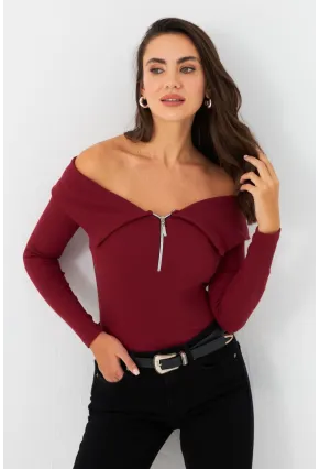 Kadın Bordo Fermuarlı Madonna Yaka Bluz EY2559