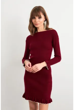 Kadın Bordo Fırfırlı Basic Triko Midi Elbise SF2559