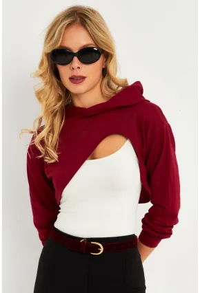 Kadın Bordo Kapüşonlu Crop Sweatshirt  TF03