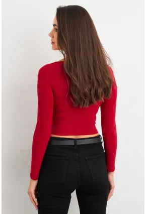 Kadın Bordo Kare Yaka Crop Bluz ELT2586