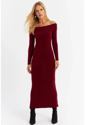 Kadın Bordo Kayık Yaka Maxi Yılbaşı Elbise HOR03