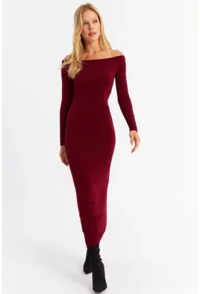 Kadın Bordo Kayık Yaka Maxi Yılbaşı Elbise HOR03