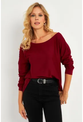 Kadın Bordo Kayık Yaka Ters Dikişli Sweatshirt TF10