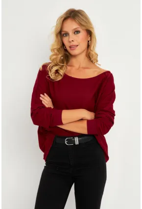 Kadın Bordo Kayık Yaka Ters Dikişli Sweatshirt TF10