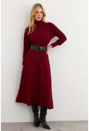 Kadın Bordo Kemerli Balıkçı Yaka Elbise MKSD992