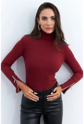 Kadın Bordo Kolları Fermuarlı Kaşkorse Balıkçı Bluz EY2567