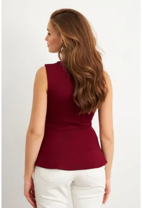 Kadın Bordo Kolsuz Peplum Bluz FLU7257