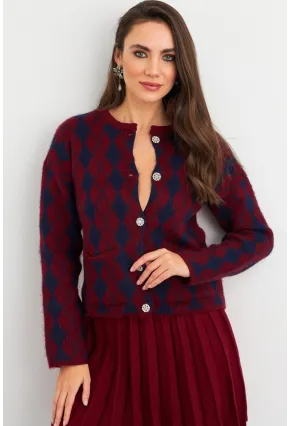 Kadın Bordo-Lacivert Düğme Detaylı Hırka ELT12022