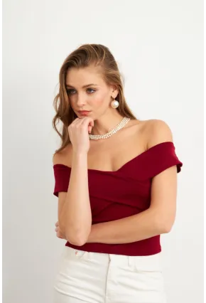 Kadın Bordo Madonna Yaka Crop Bluz VA101