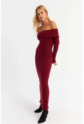 Kadın Bordo Madonna Yaka Kaşkorse Maxi Elbise HOL1