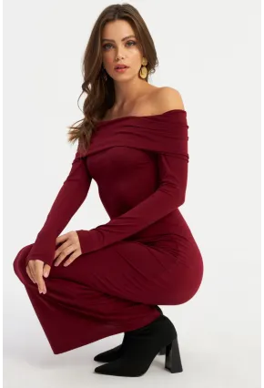 Kadın Bordo Madonna Yaka Maxi Elbise LİK10