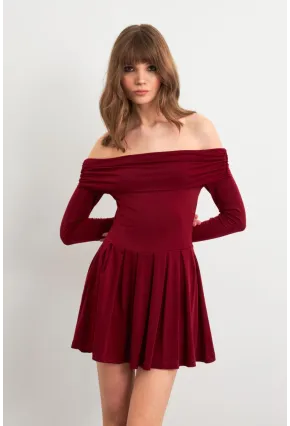 Kadın Bordo Madonna Yaka Midi Elbise MON1262