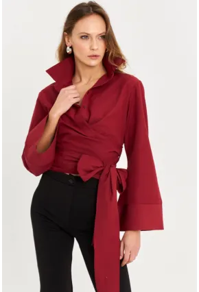 Kadın Bordo Önü Bağlamalı İspanyol Kol Gömlek MON142