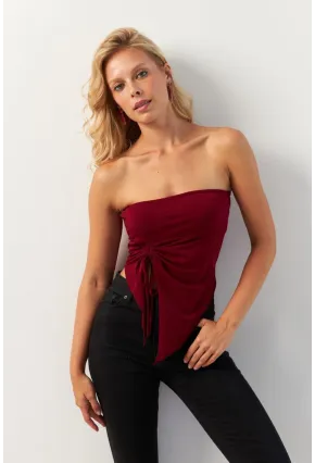 Kadın Bordo Önü Büzgülü Crop Bluz MON138