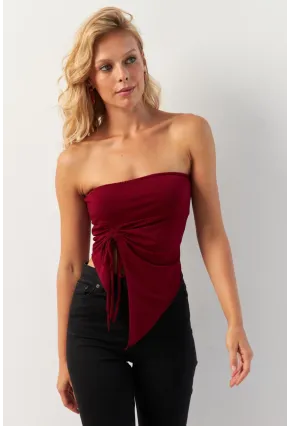 Kadın Bordo Önü Büzgülü Crop Bluz MON138