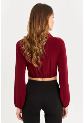 Kadın Bordo Önü Büzgülü Crop Bluz MRS103