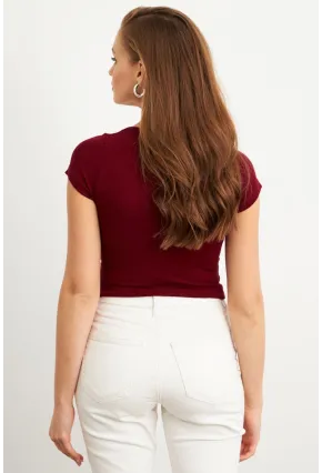 Kadın Bordo Önü Düğmeli Basic T-Shirt TOP07