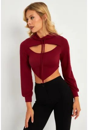 Kadın Bordo Pencereli Kapüşonlu Crop Bluz TF08