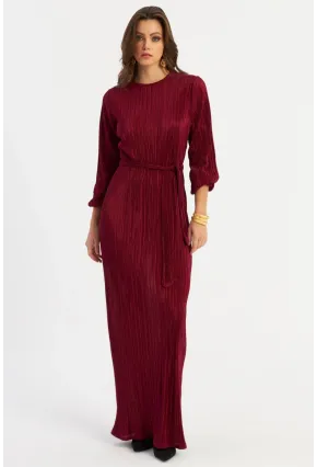 Kadın Bordo Pilise Maxi Elbise GÇ192