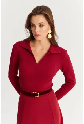 Kadın Bordo Polo Yaka Kaşkorse Bluz LON3006