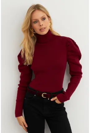 Kadın Bordo Prenses Kol Balıkçı Yaka Triko Bluz SF2555