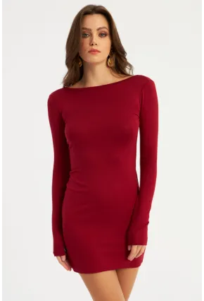 Kadın Bordo Sırt Dekolteli Mini Elbise HOR36