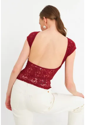 Kadın Bordo Sırtı Açık Dantel Bluz ZH04