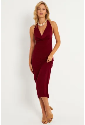 Kadın Bordo Sırtı Açık Degaje Midi Yılbaşı Elbise GÇ177