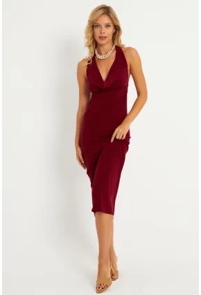 Kadın Bordo Sırtı Açık Degaje Midi Yılbaşı Elbise GÇ177