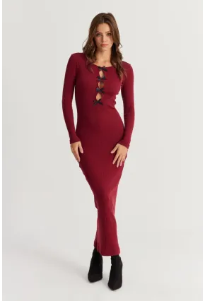Kadın Bordo-Siyah Kurdele Detaylı Kaşkorse Maxi Yılbaşı Elbise XL2043
