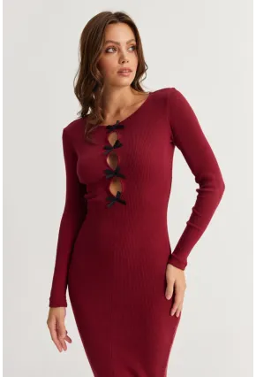 Kadın Bordo-Siyah Kurdele Detaylı Kaşkorse Maxi Yılbaşı Elbise XL2043