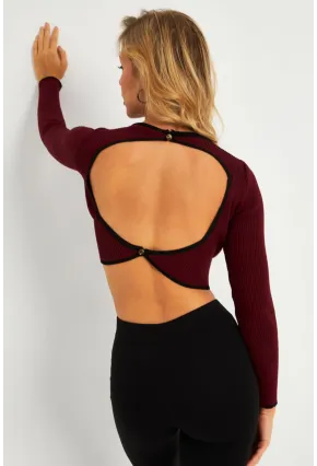 Kadın Bordo-Siyah Sırtı Açık Bluz YV270